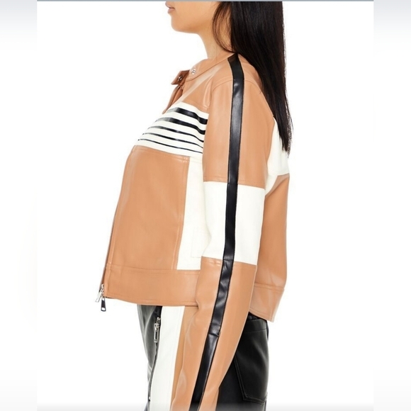 Vegan Leather Striped Color-block Moto Jacket Brown White MEDIUM - Picture 3 of 14